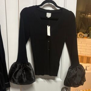 Maeve Black Ribbed V-Neck Cardigan with Satin Bell Sleeves